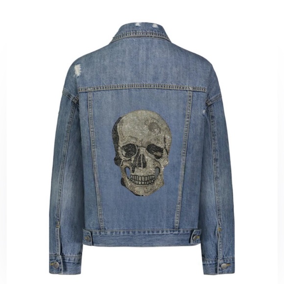 Hipchik Couture Skull Crystal Distressed Blue Denim Jacket Cotton Casual Size M - Picture 11 of 12
